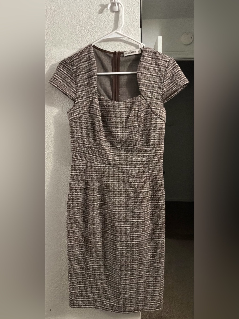 Grace Karin Tweed Sheath Dress – Brown/Cream Multi – Size Small (S)